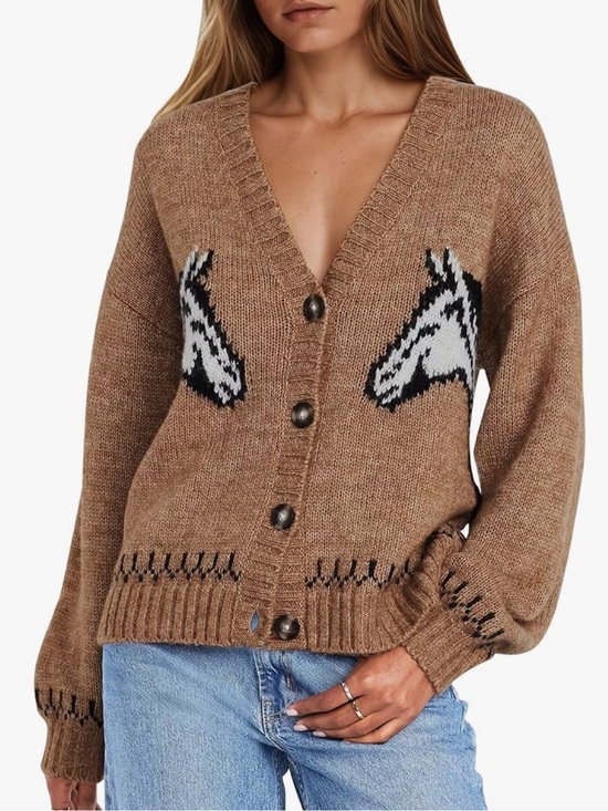 Old Navy Sweaters - Old Navy Brown Horse Intarsia V-Neck Button Cardigan oversized Sz S Wool Blend